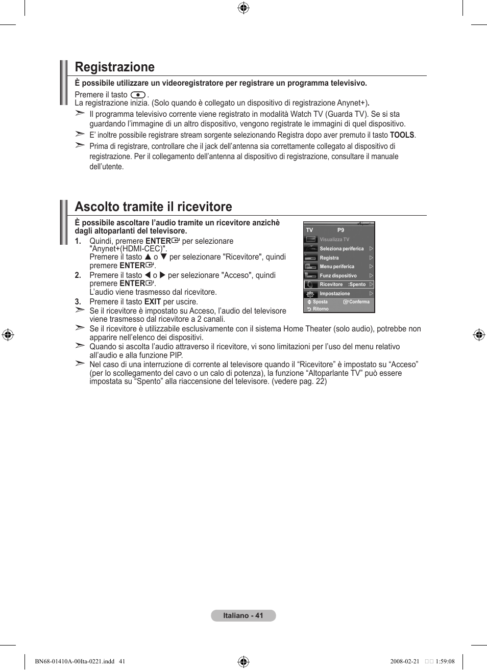Registrazione, Ascolto tramite il ricevitore | Samsung LE46A551P2R User Manual | Page 251 / 629