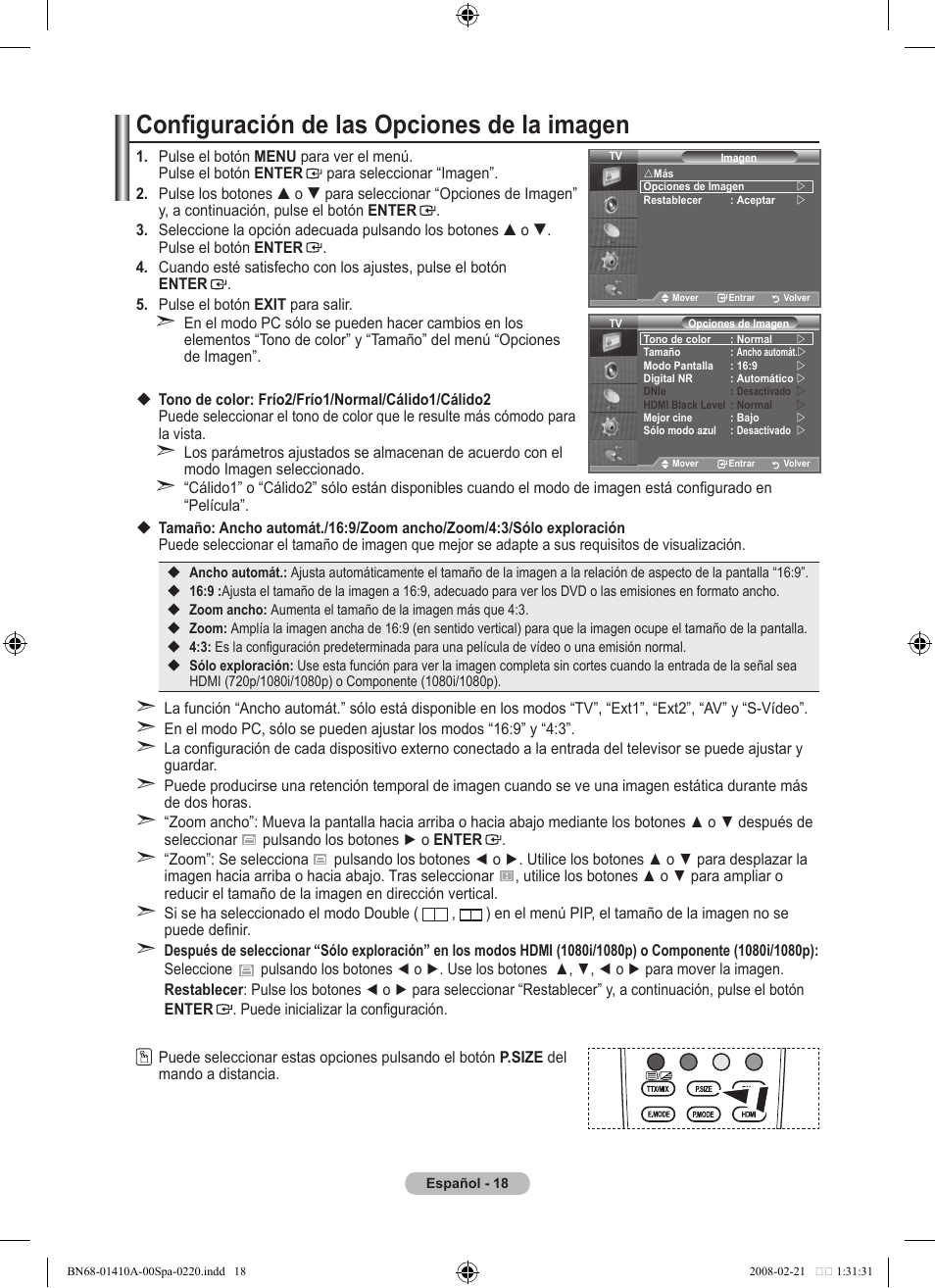 Configuración de las opciones de la imagen | Samsung LE46A551P2R User Manual | Page 282 / 629