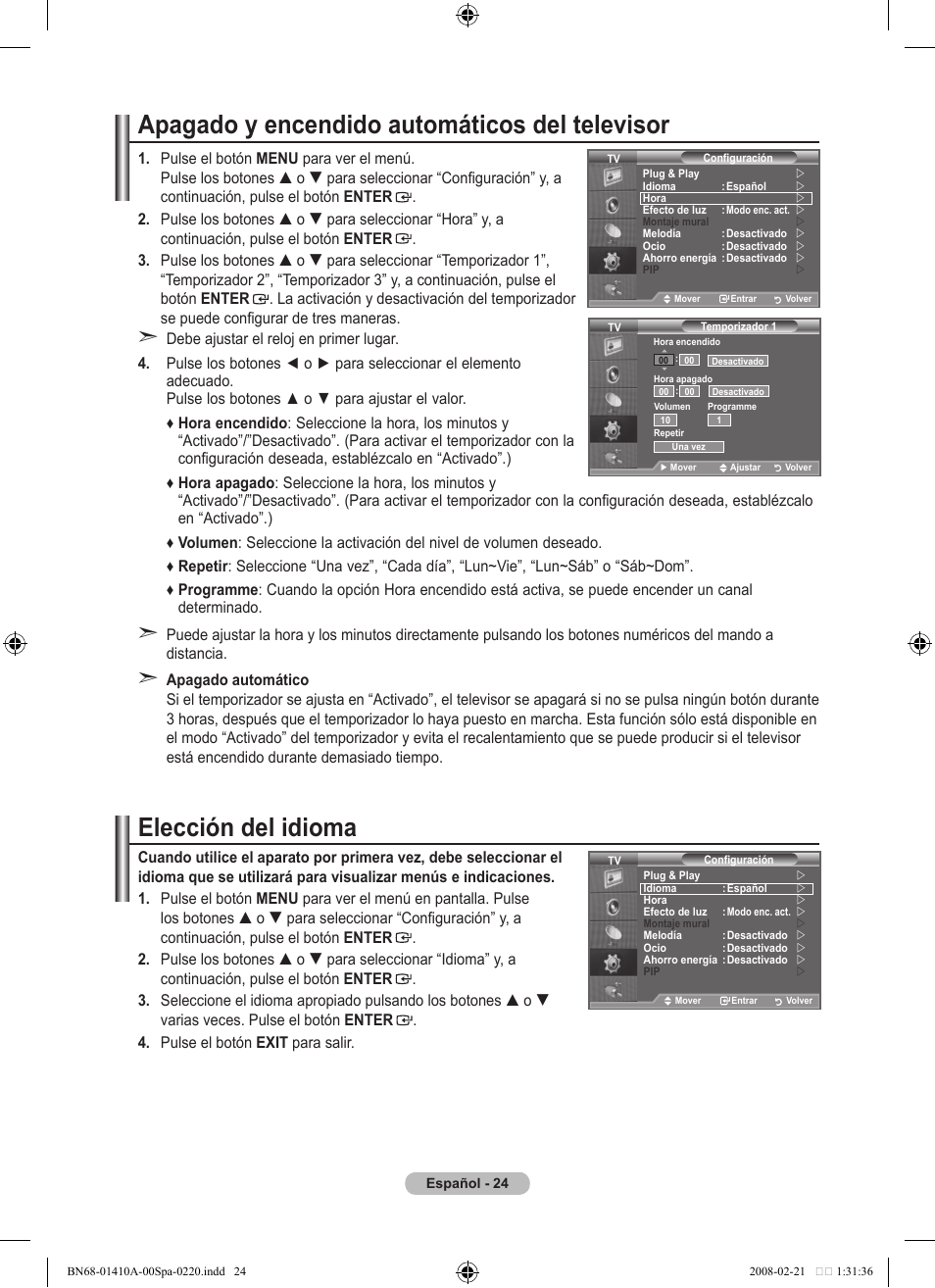 Apagado y encendido automáticos del televisor, Elección del idioma | Samsung LE46A551P2R User Manual | Page 288 / 629