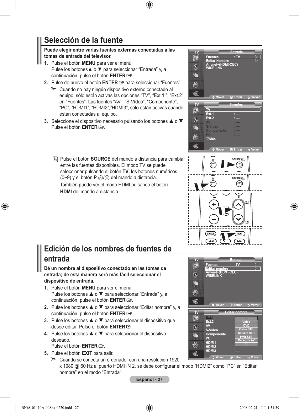 Selección de la fuente, Edición de los nombres de fuentes de entrada | Samsung LE46A551P2R User Manual | Page 291 / 629
