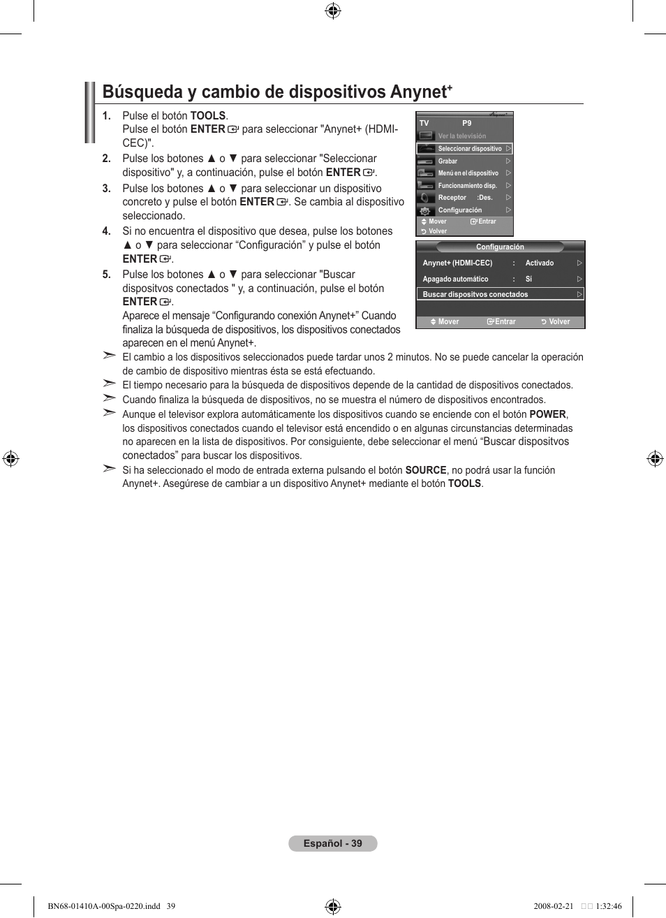 Búsqueda y cambio de dispositivos anynet | Samsung LE46A551P2R User Manual | Page 303 / 629