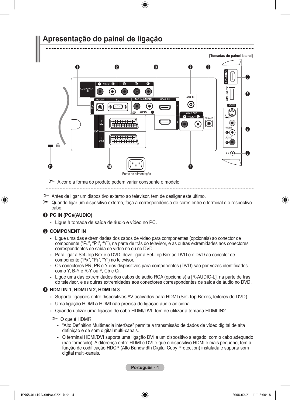 Apresentação do painel de ligação | Samsung LE46A551P2R User Manual | Page 320 / 629