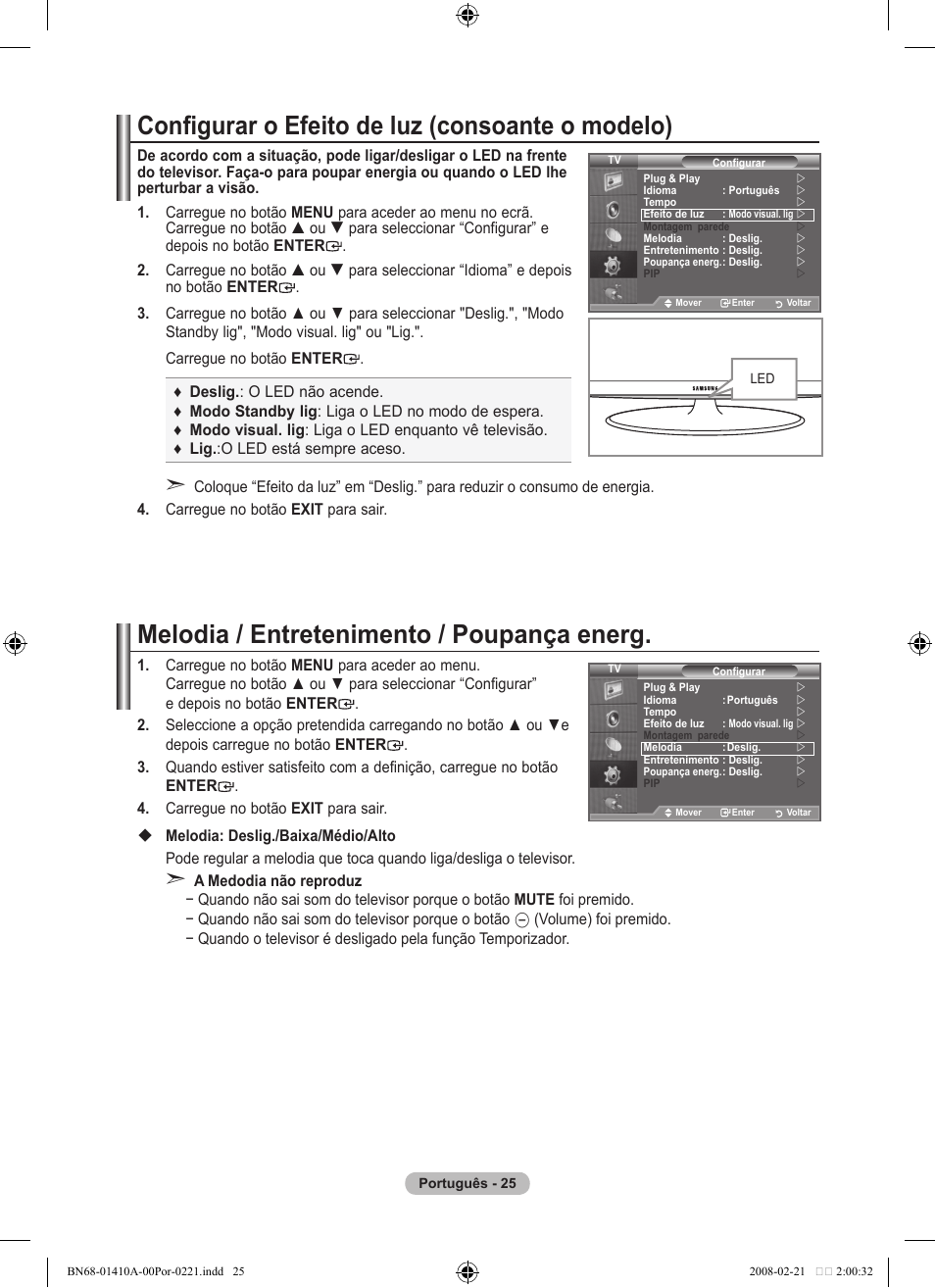 Melodia / entretenimento / poupança energ, Configurar o efeito de luz (consoante o modelo) | Samsung LE46A551P2R User Manual | Page 341 / 629