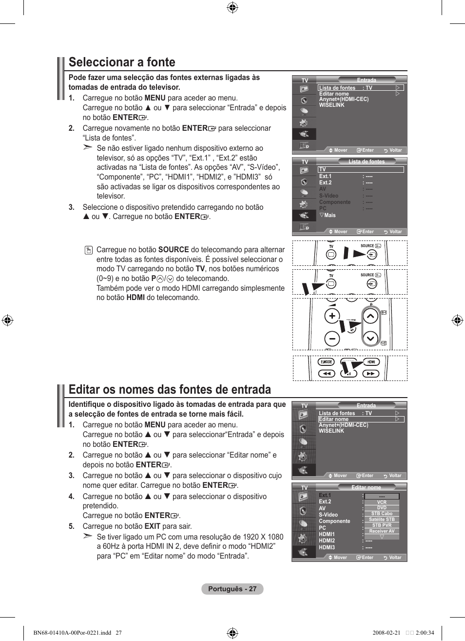 Seleccionar a fonte, Editar os nomes das fontes de entrada | Samsung LE46A551P2R User Manual | Page 343 / 629
