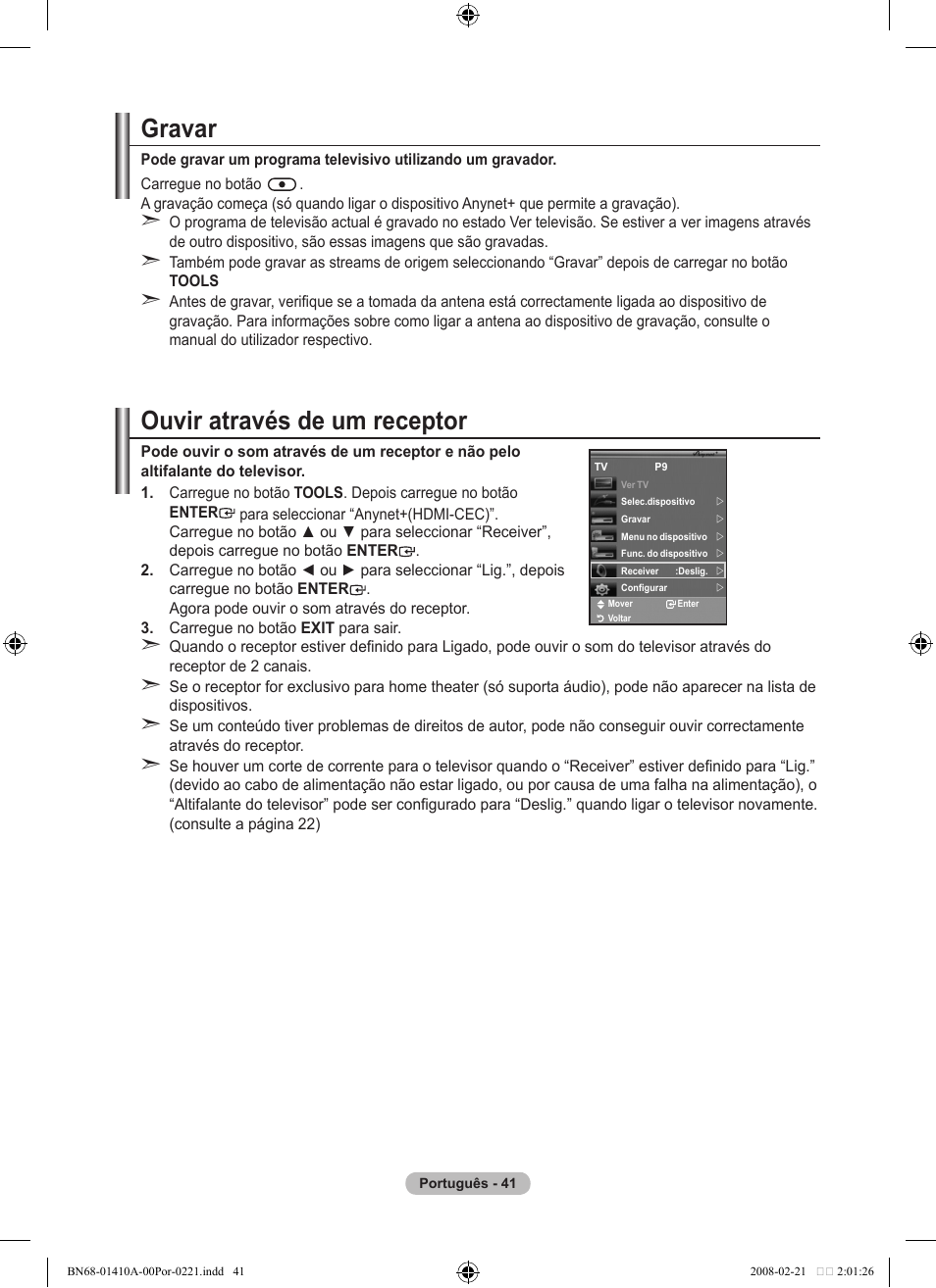 Ouvir através de um receptor, Gravar | Samsung LE46A551P2R User Manual | Page 357 / 629