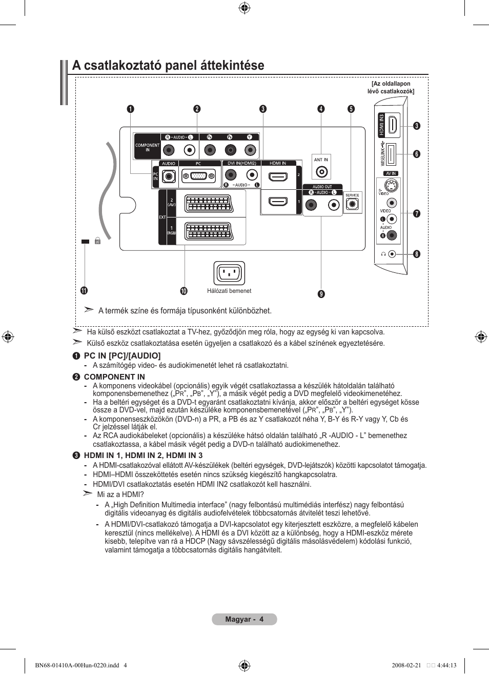 A csatlakoztató panel áttekintése | Samsung LE46A551P2R User Manual | Page 372 / 629