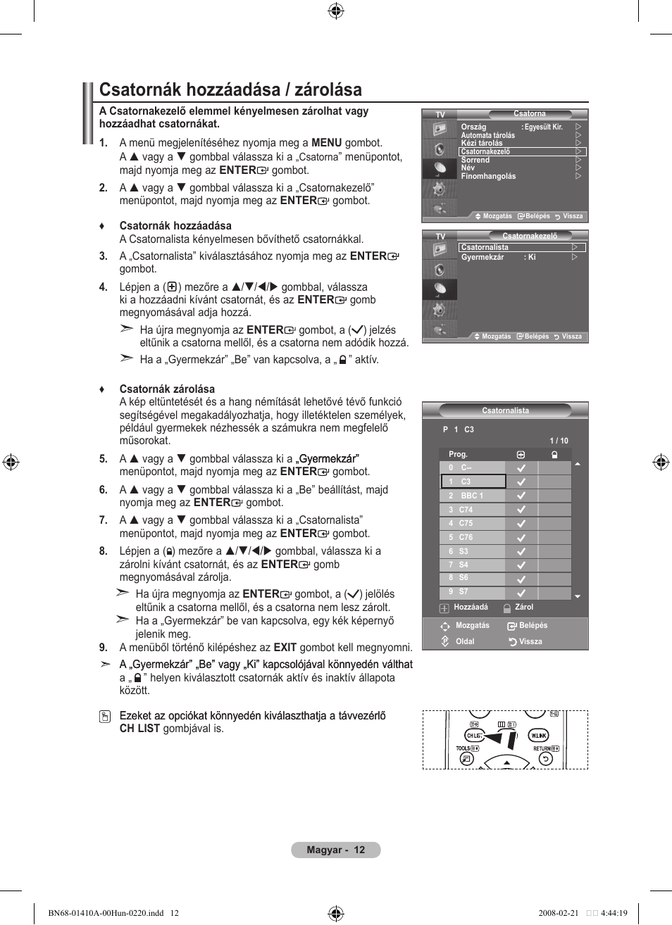 Csatornák hozzáadása / zárolása | Samsung LE46A551P2R User Manual | Page 380 / 629