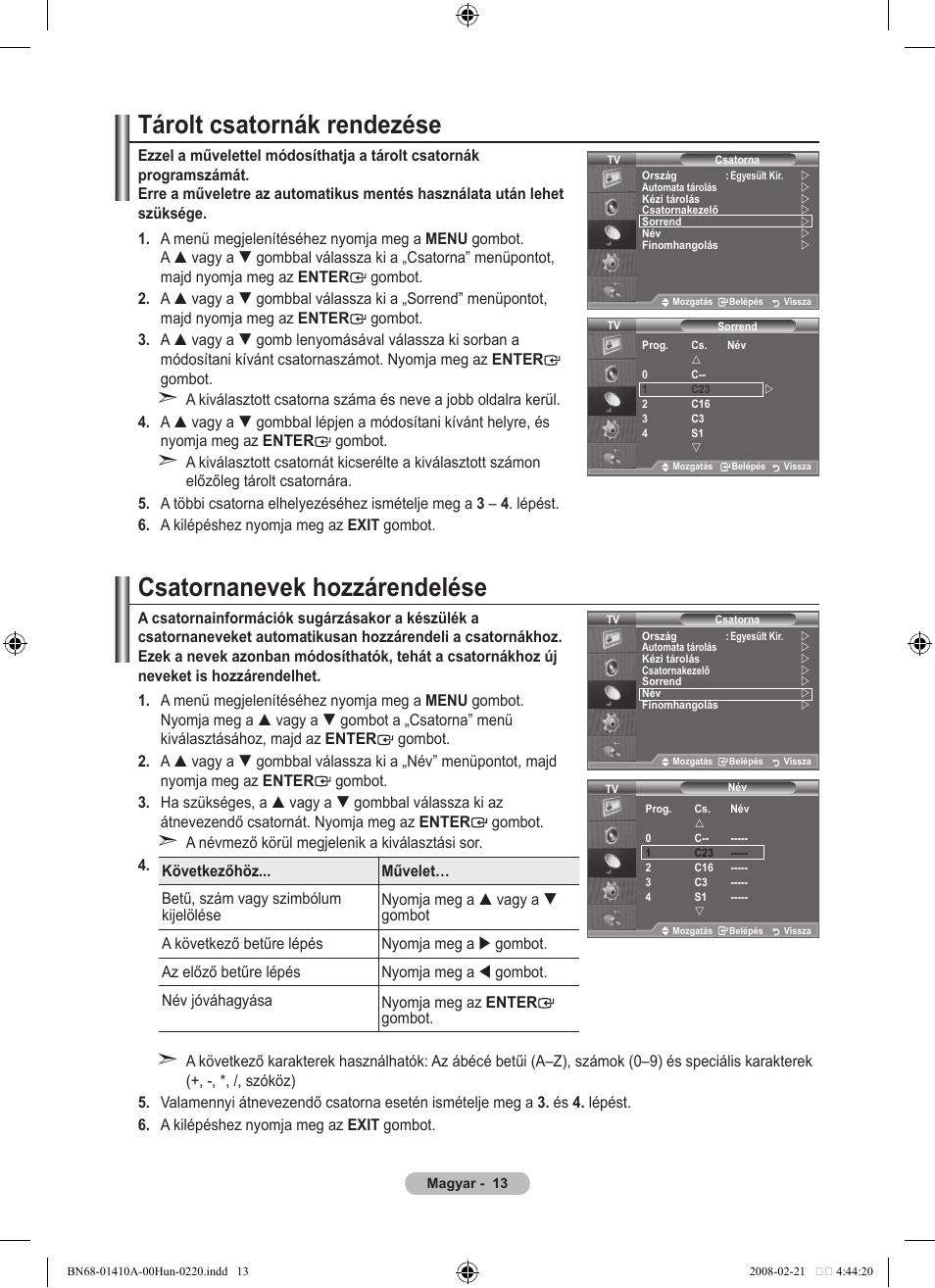 Tárolt csatornák rendezése, Csatornanevek hozzárendelése | Samsung LE46A551P2R User Manual | Page 381 / 629