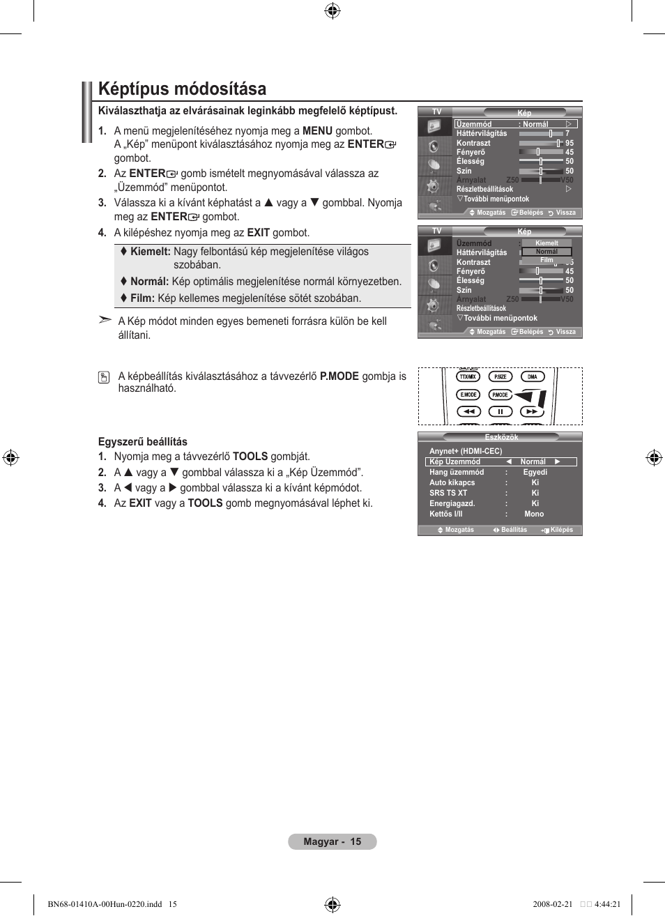 Képtípus módosítása | Samsung LE46A551P2R User Manual | Page 383 / 629