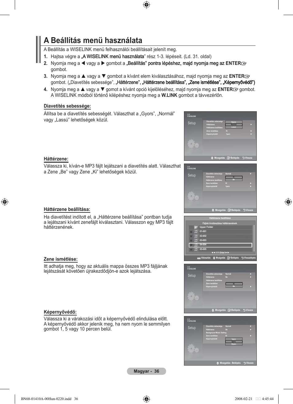 A beállítás menü használata, Magyar | Samsung LE46A551P2R User Manual | Page 404 / 629