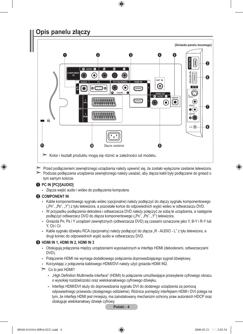 Opis panelu złączy | Samsung LE46A551P2R User Manual | Page 424 / 629