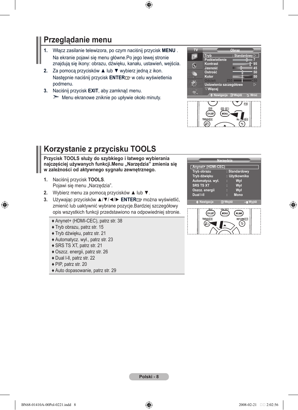 Przeglądanie menu, Korzystanie z przycisku tools | Samsung LE46A551P2R User Manual | Page 428 / 629