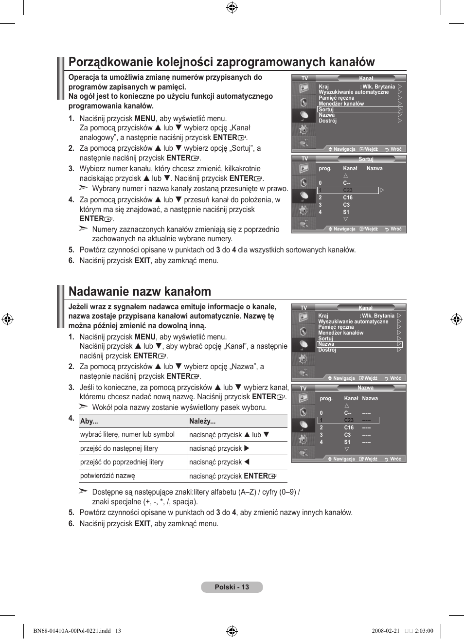 Porządkowanie kolejności zaprogramowanych kanałów, Nadawanie nazw kanałom | Samsung LE46A551P2R User Manual | Page 433 / 629