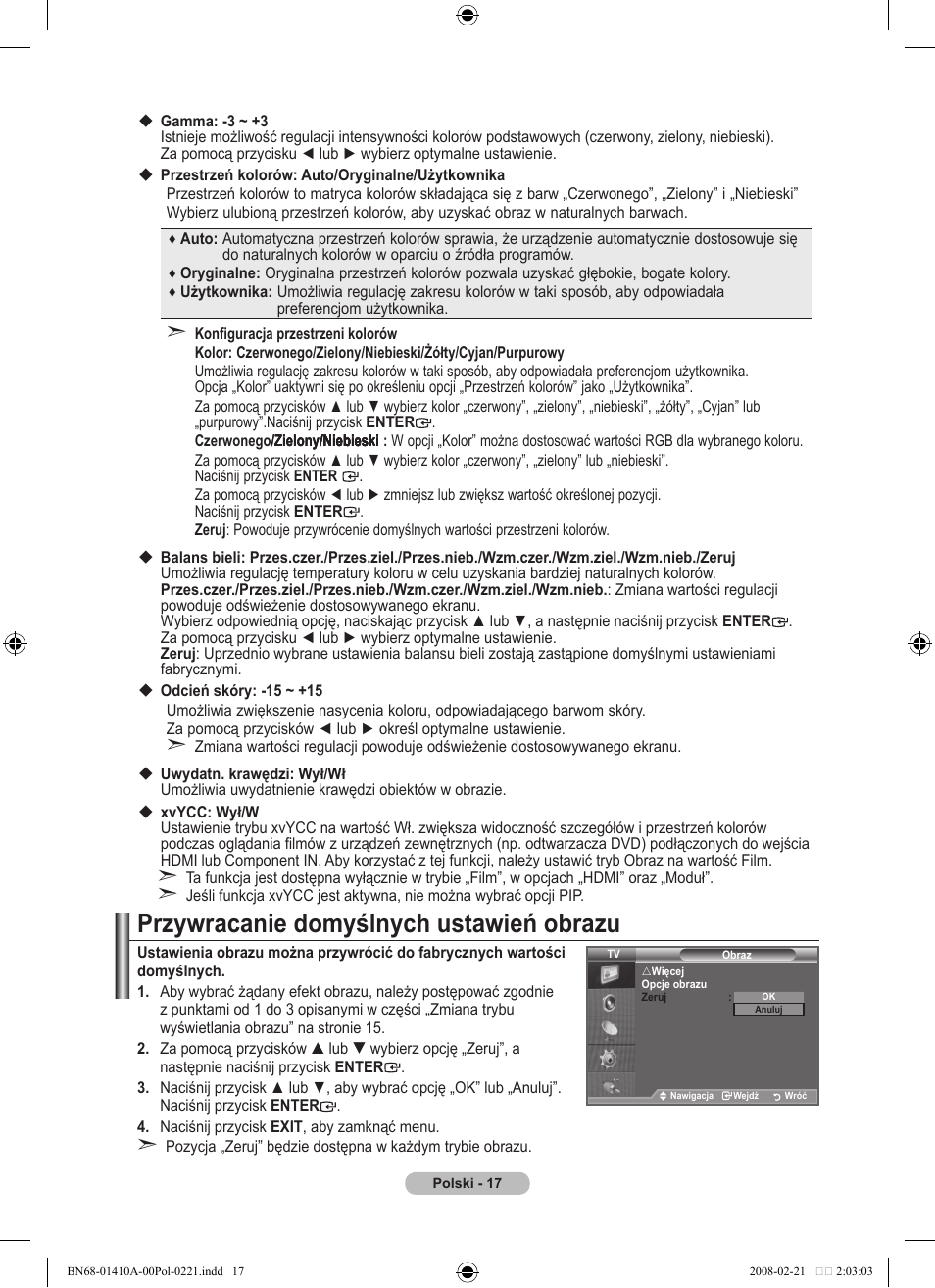 Przywracanie domyślnych ustawień obrazu | Samsung LE46A551P2R User Manual | Page 437 / 629