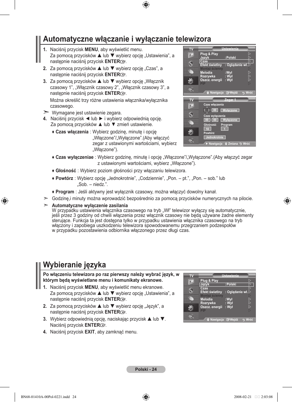 Automatyczne włączanie i wyłączanie telewizora, Wybieranie języka | Samsung LE46A551P2R User Manual | Page 444 / 629