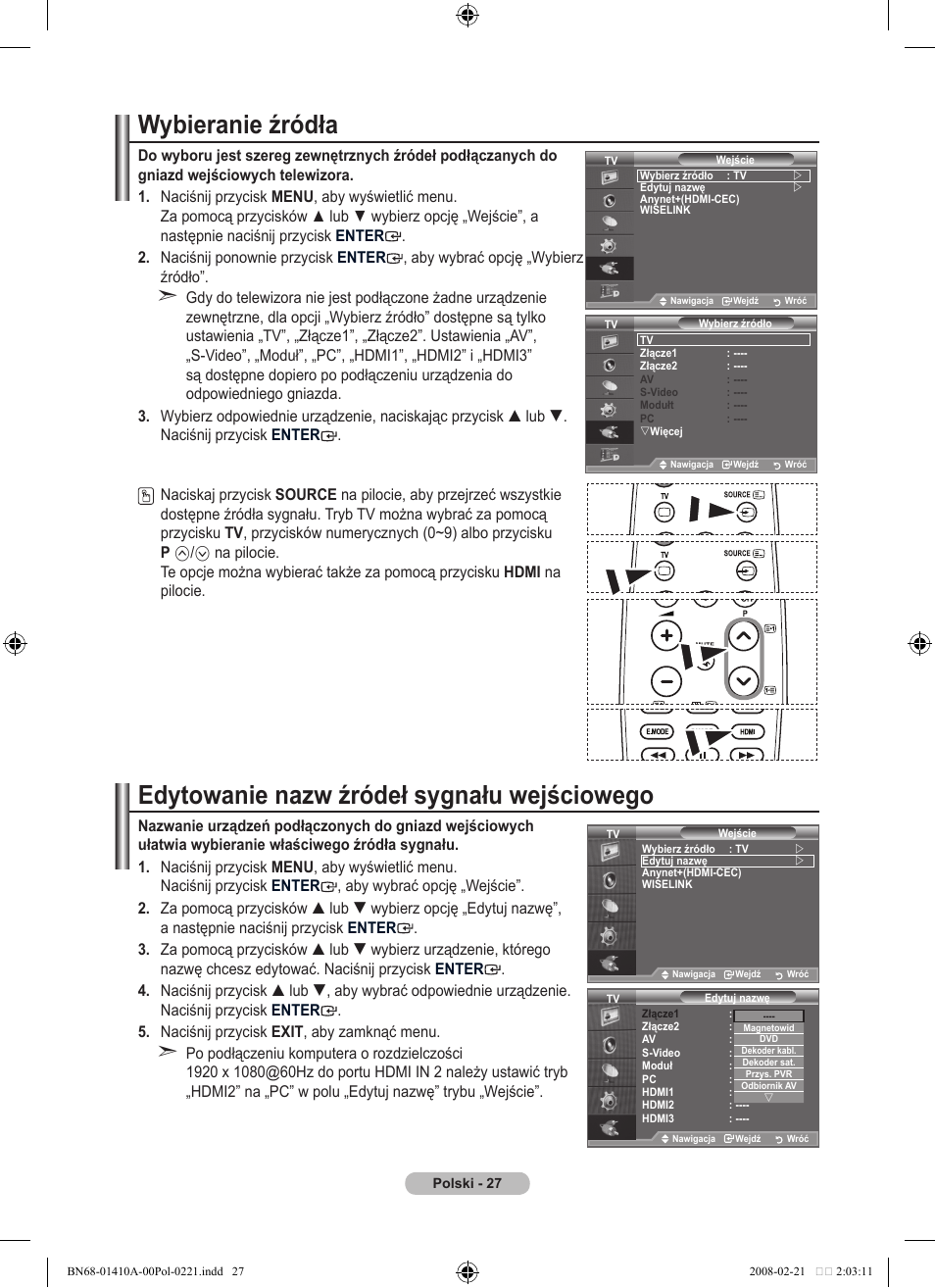 Wybieranie źródła, Edytowanie nazw źródeł sygnału wejściowego | Samsung LE46A551P2R User Manual | Page 447 / 629