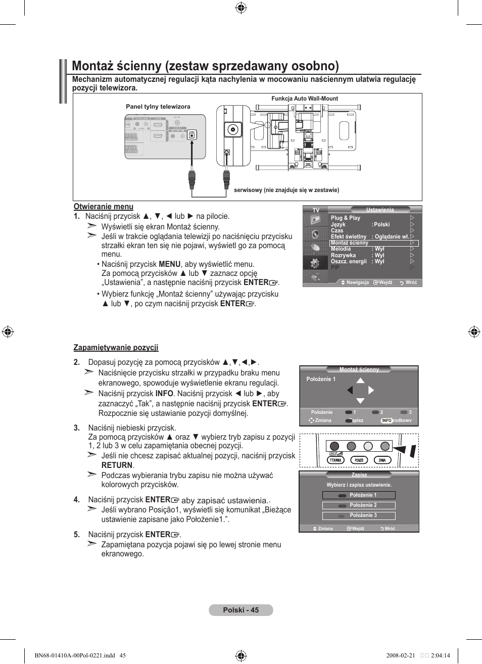 Montaż ścienny (zestaw sprzedawany osobno) | Samsung LE46A551P2R User Manual | Page 465 / 629
