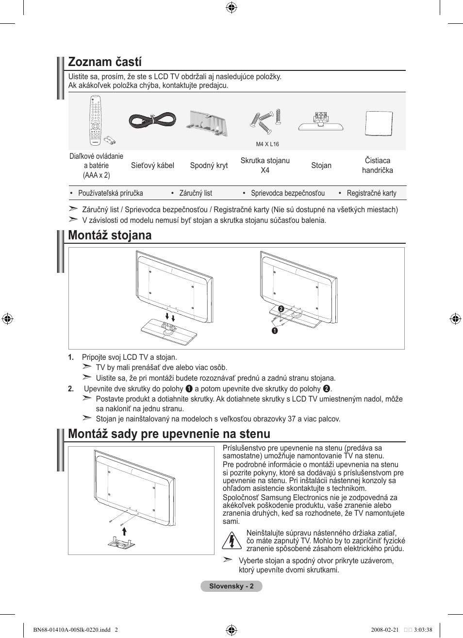 Zoznam častí, Montáž sady pre upevnenie na stenu, Montáž stojana | Samsung LE46A551P2R User Manual | Page 526 / 629