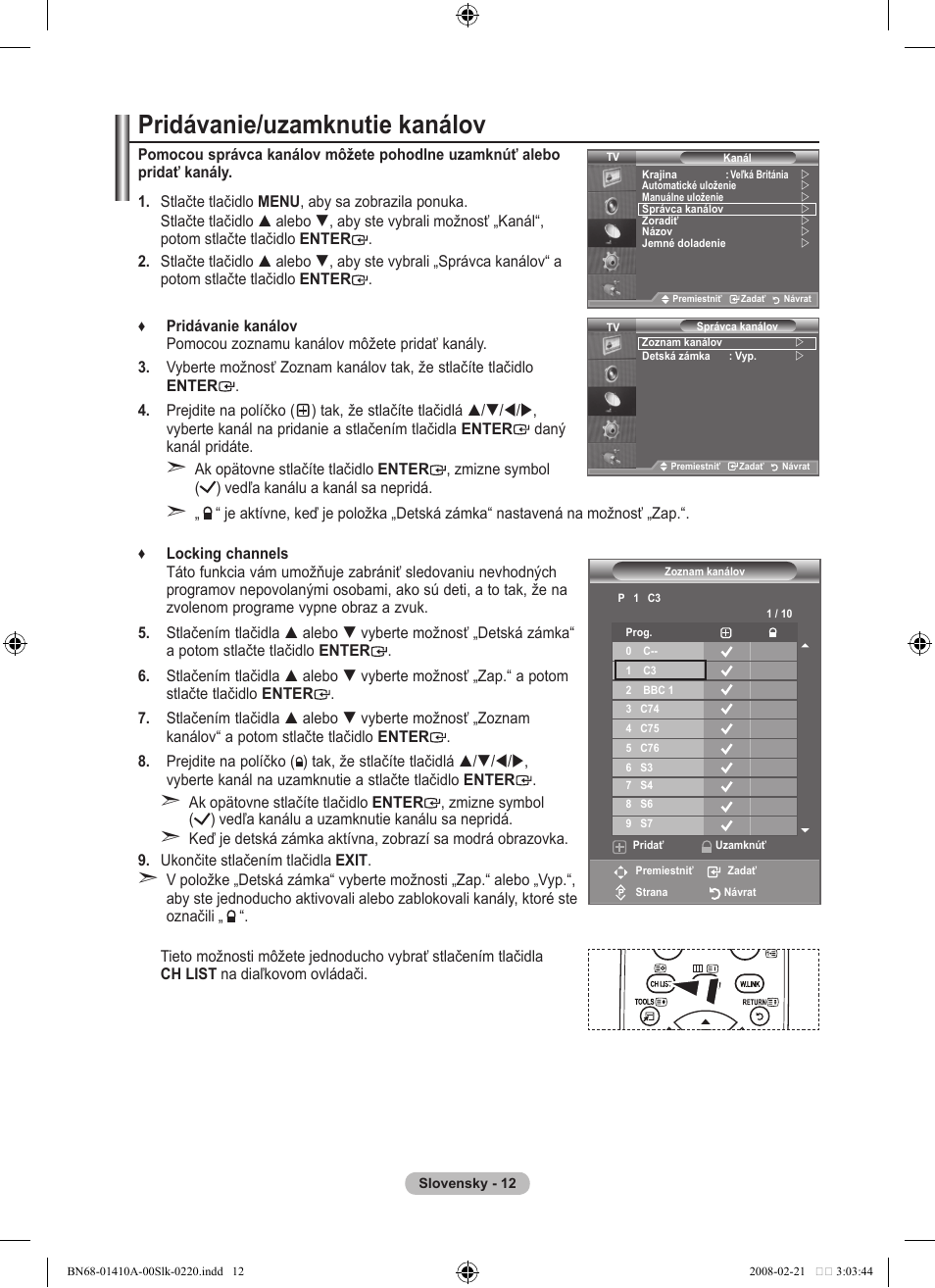 Pridávanie/uzamknutie kanálov | Samsung LE46A551P2R User Manual | Page 536 / 629