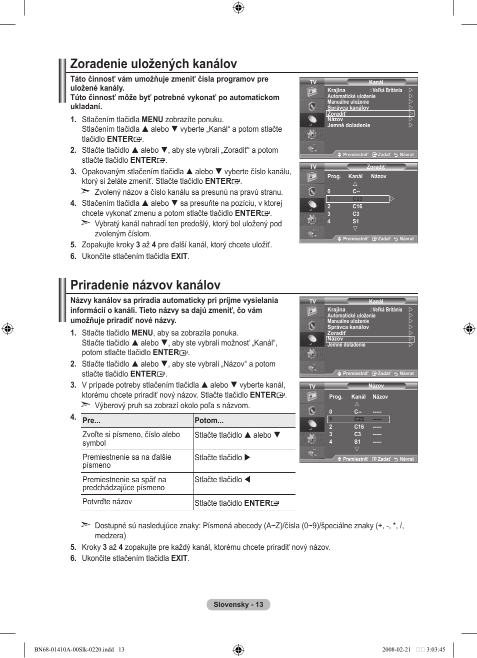 Zoradenie uložených kanálov, Priradenie názvov kanálov | Samsung LE46A551P2R User Manual | Page 537 / 629