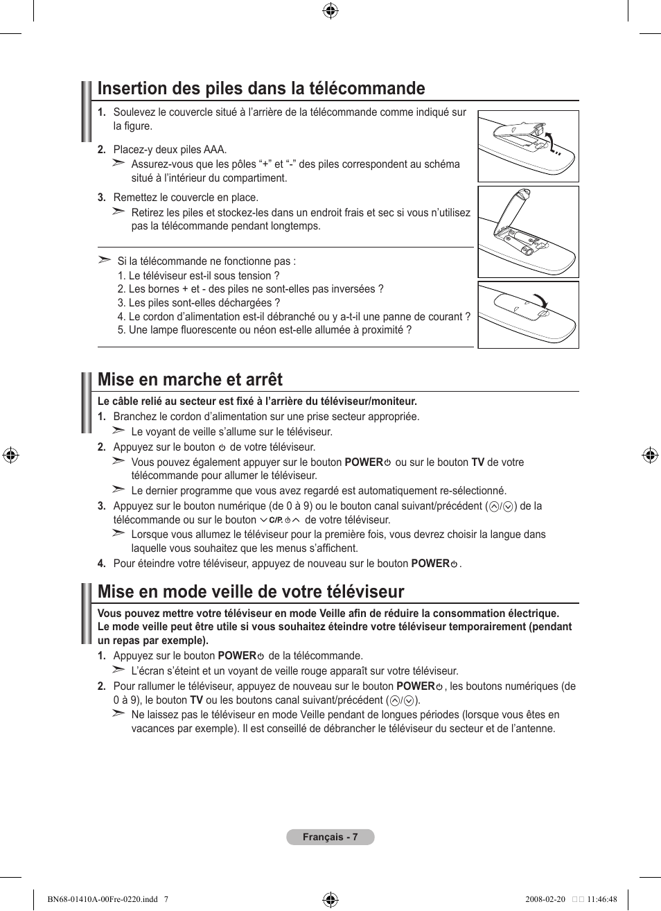 Insertion des piles dans la télécommande, Mise en marche et arrêt, Mise en mode veille de votre téléviseur | Samsung LE46A551P2R User Manual | Page 61 / 629