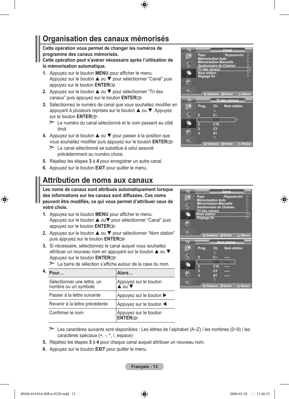Organisation des canaux mémorisés, Attribution de noms aux canaux | Samsung LE46A551P2R User Manual | Page 67 / 629
