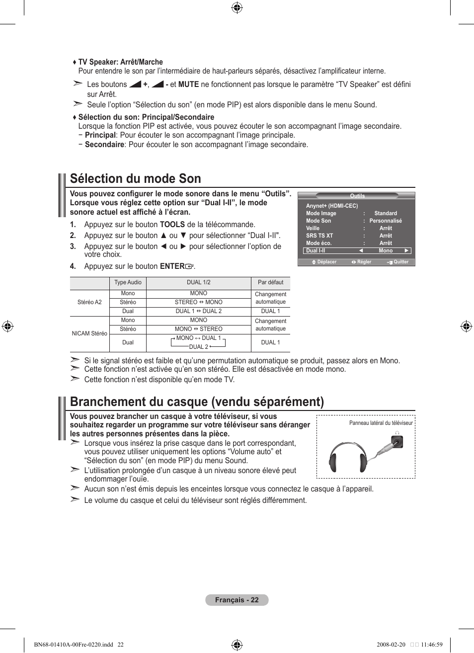 Branchement du casque (vendu séparément), Sélection du mode son | Samsung LE46A551P2R User Manual | Page 76 / 629