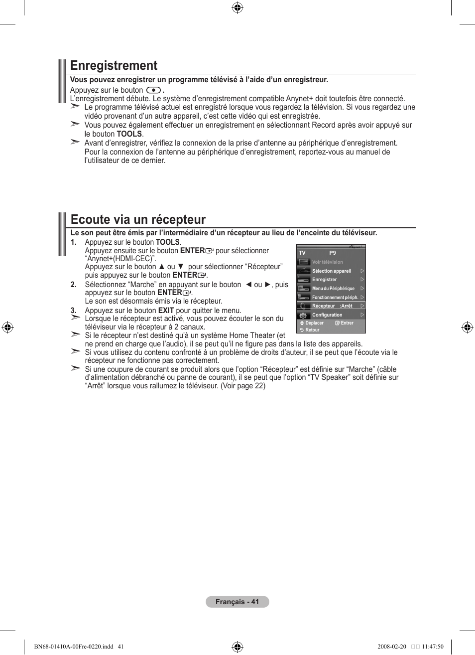 Enregistrement, Ecoute via un récepteur | Samsung LE46A551P2R User Manual | Page 95 / 629