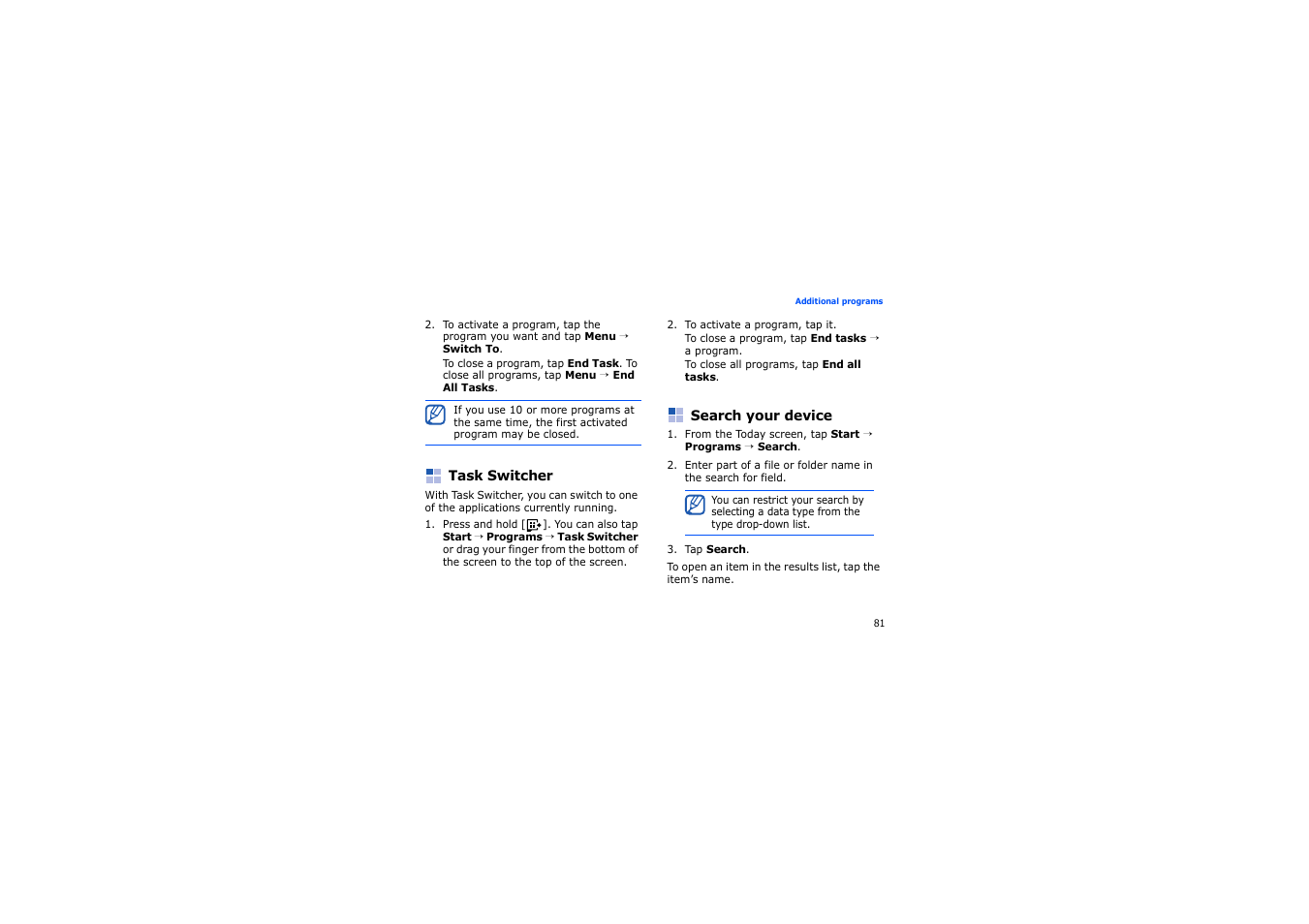 Task switcher, Search your device, Task switcher search your device | Samsung SGH-i900 User Manual | Page 83 / 110