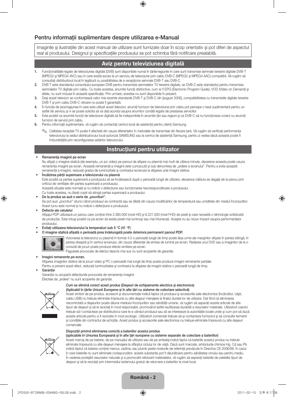 Aviz pentru televiziunea digitală, Instrucţiuni pentru utilizator | Samsung PS59D550C1W User Manual | Page 130 / 166