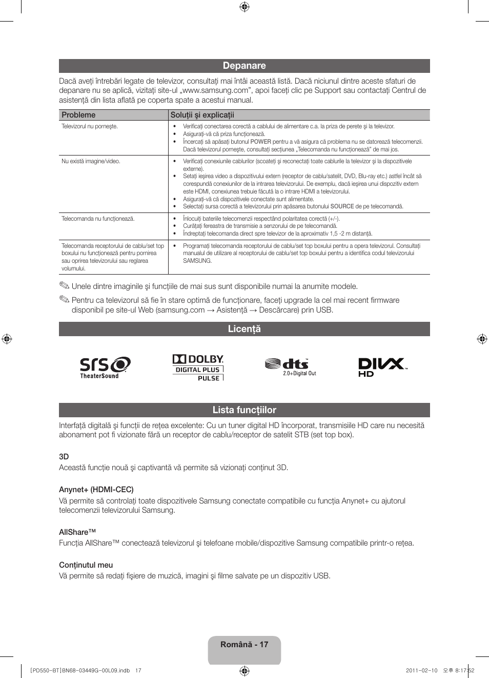 Depanare, Licenţă lista funcţiilor | Samsung PS59D550C1W User Manual | Page 145 / 166