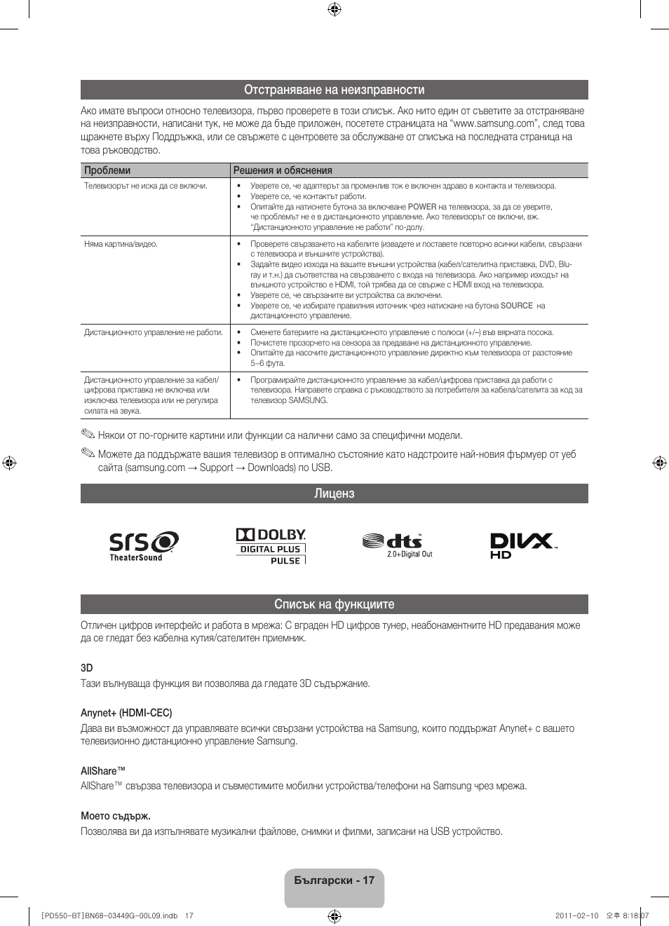 Отстраняване на неизправности, Лиценз списък на функциите | Samsung PS59D550C1W User Manual | Page 163 / 166
