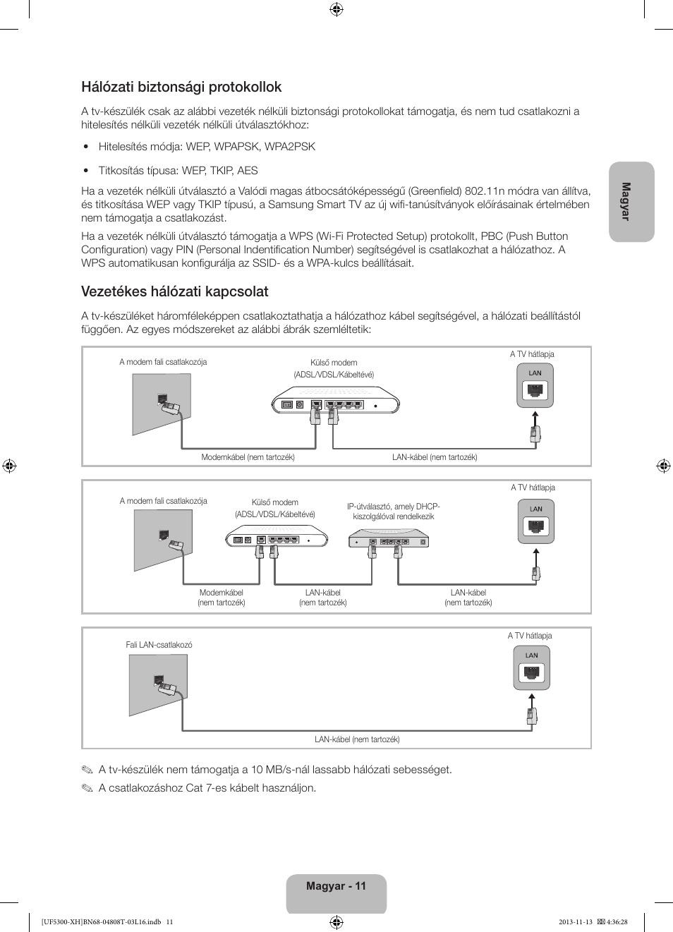 Hálózati biztonsági protokollok, Vezetékes hálózati kapcsolat | Samsung UE40F5300AW User Manual | Page 29 / 289