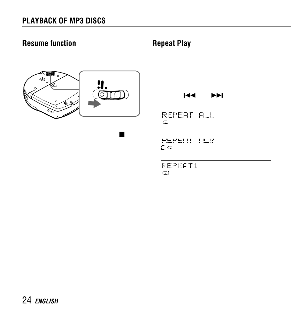 Resume function, Repeat play, Playback of mp3 discs | Aiwa XP-Z3C User Manual | Page 24 / 32