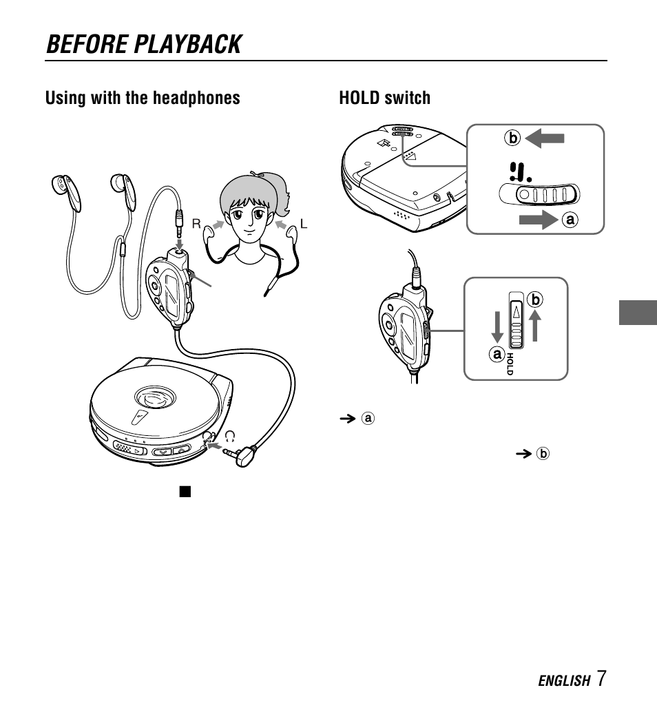 Before playback, Using with the headphones, Hold switch | Aiwa XP-Z3C User Manual | Page 7 / 32