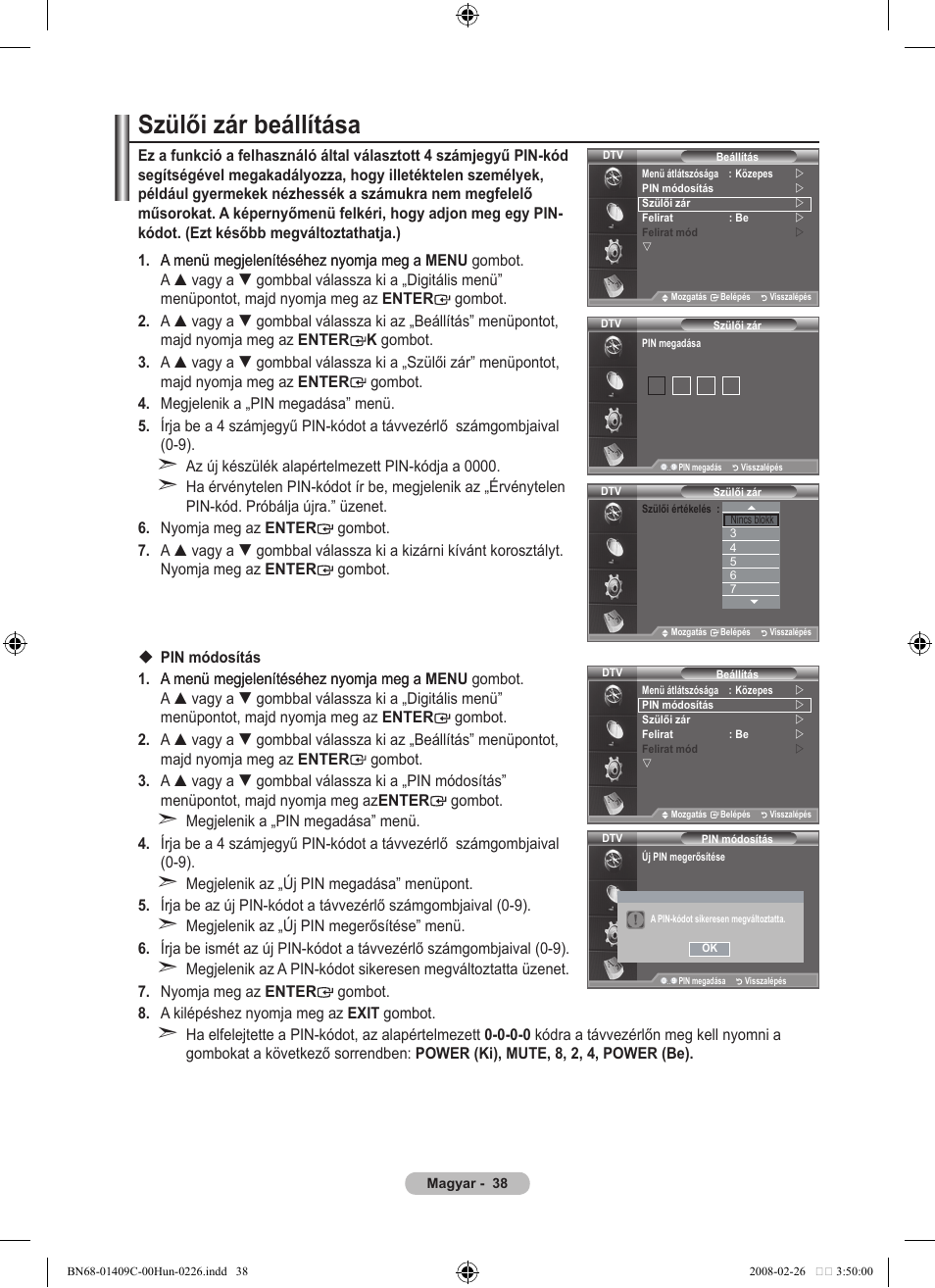 Szülői zár beállítása | Samsung LE52A559P4F User Manual | Page 110 / 632