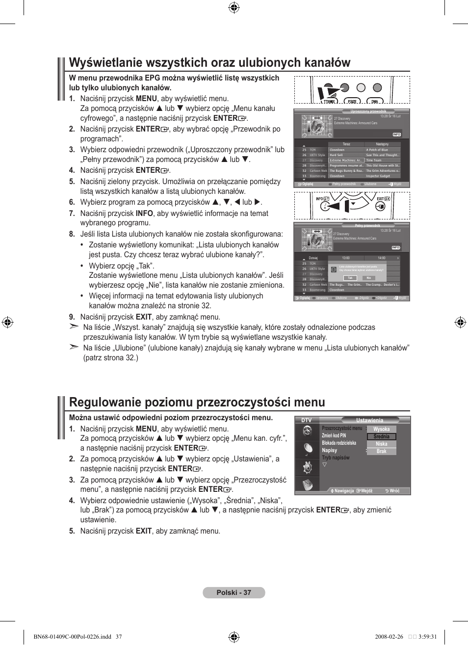 Wyświetlanie wszystkich oraz ulubionych kanałów, Regulowanie poziomu przezroczystości menu | Samsung LE52A559P4F User Manual | Page 179 / 632