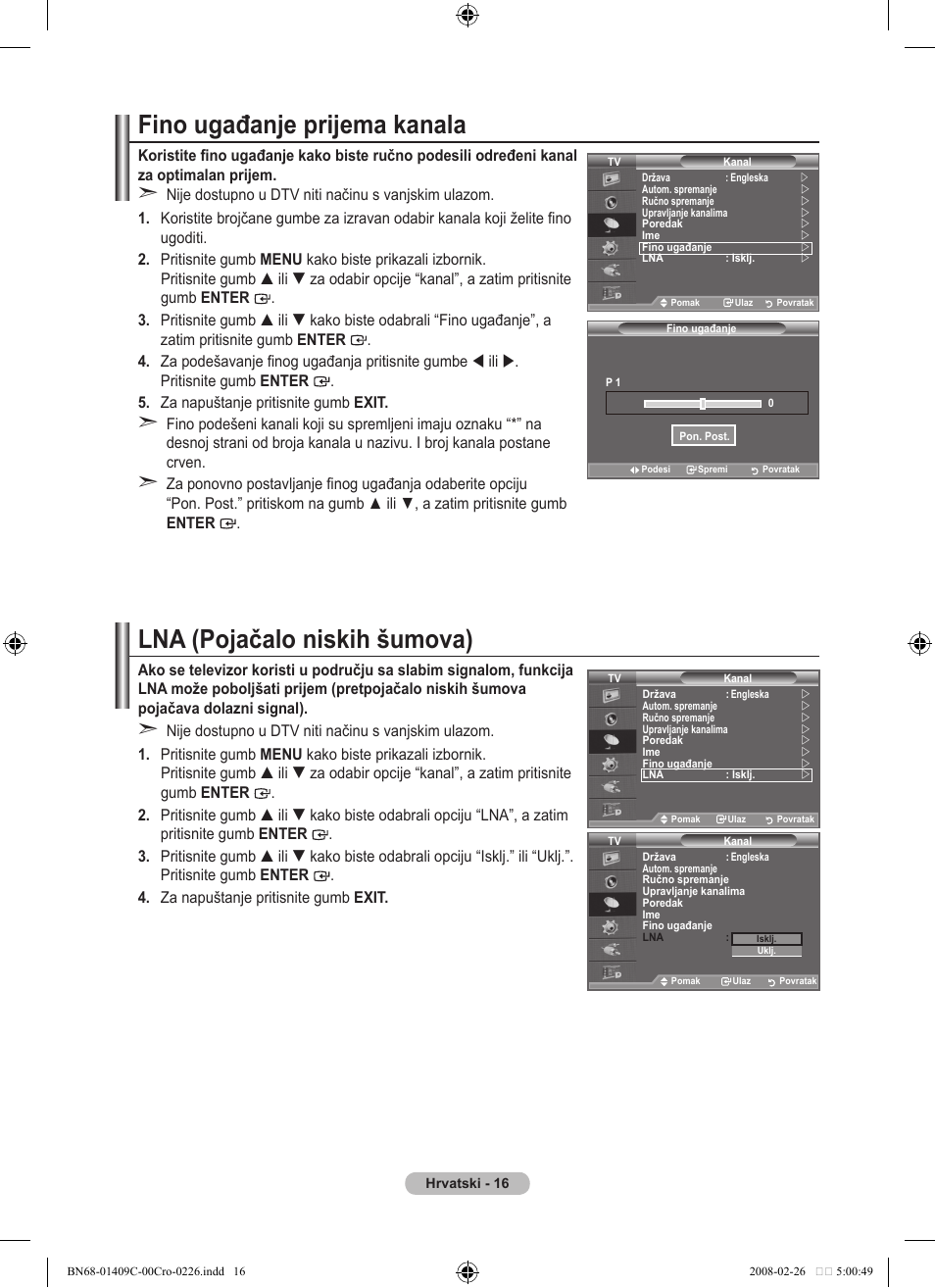 Fino ugađanje prijema kanala, Lna (pojačalo niskih šumova) | Samsung LE52A559P4F User Manual | Page 368 / 632