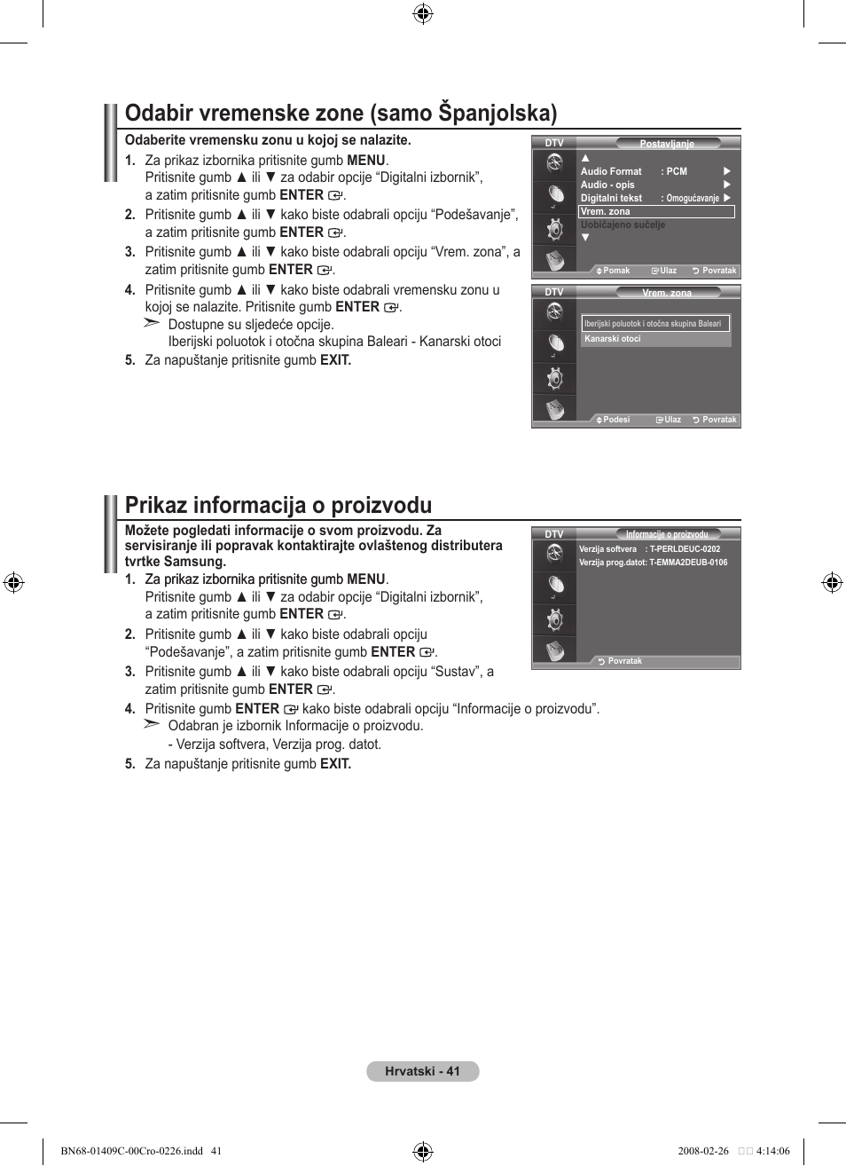 Odabir vremenske zone (samo španjolska), Prikaz informacija o proizvodu | Samsung LE52A559P4F User Manual | Page 393 / 632