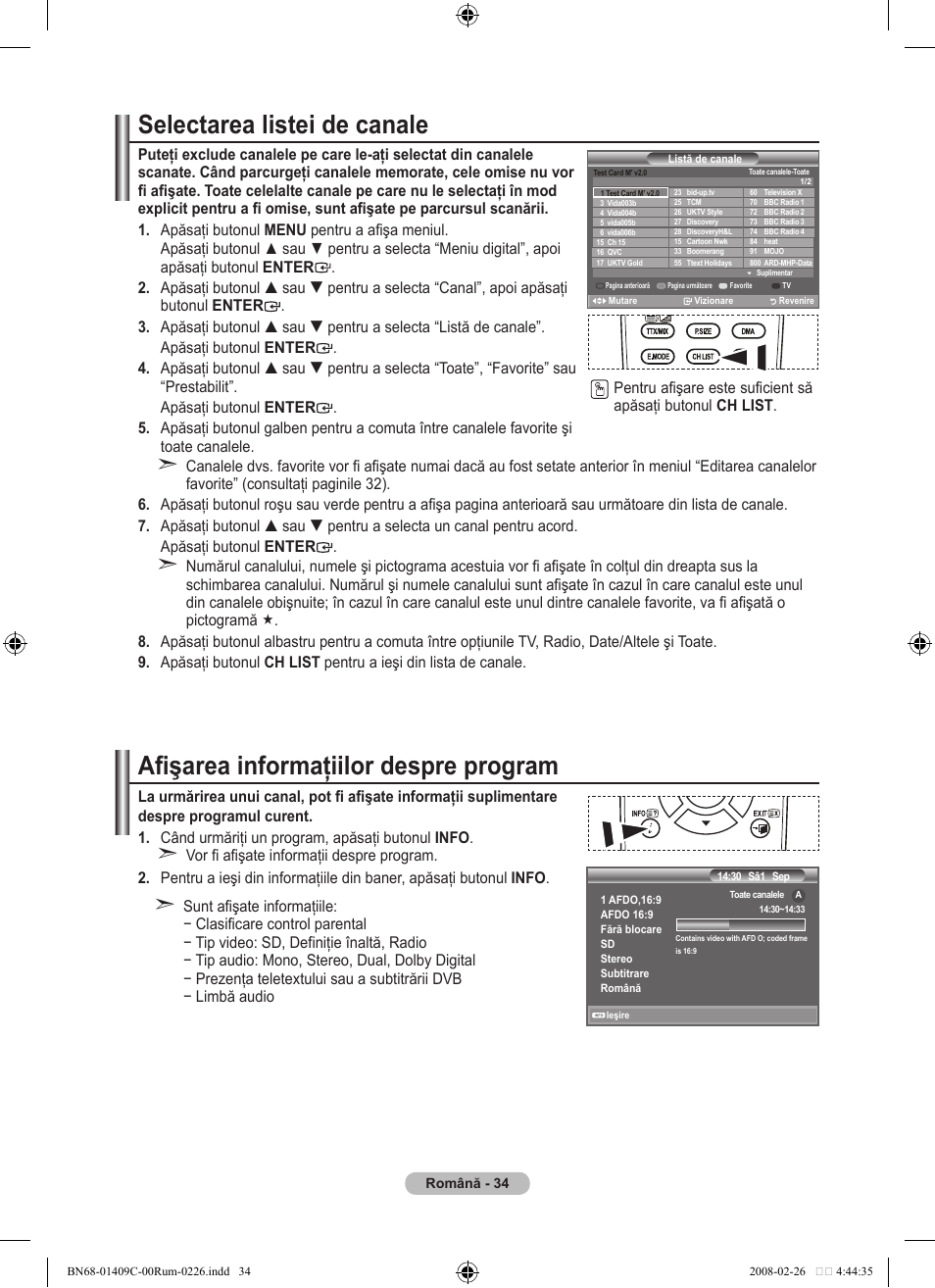 Selectarea listei de canale, Afişarea informaţiilor despre program | Samsung LE52A559P4F User Manual | Page 596 / 632