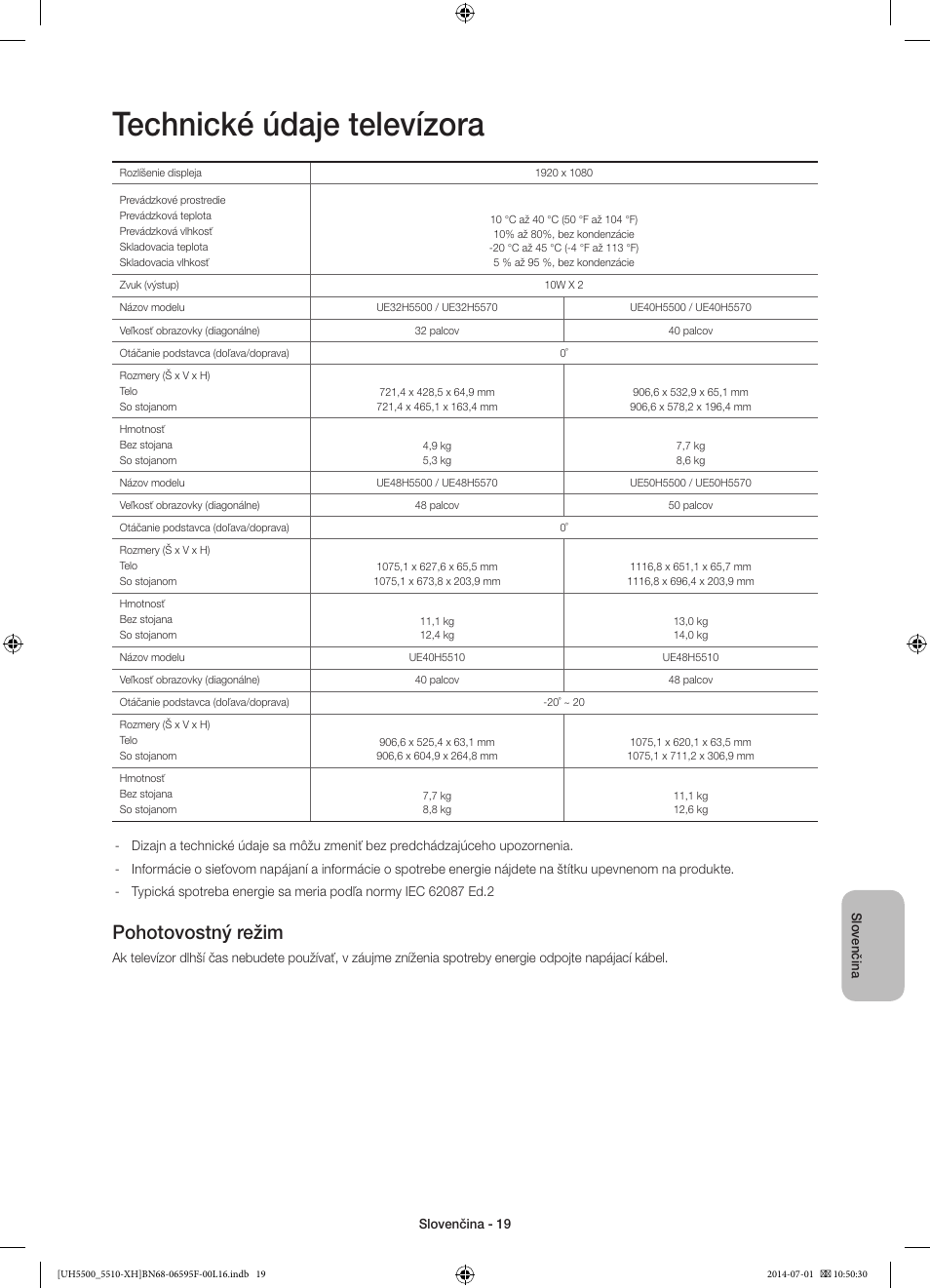 Technické údaje televízora, Pohotovostný režim | Samsung UE40H5500AW User Manual | Page 159 / 321