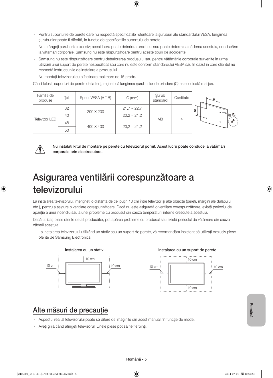 Alte măsuri de precauţie | Samsung UE40H5500AW User Manual | Page 165 / 321
