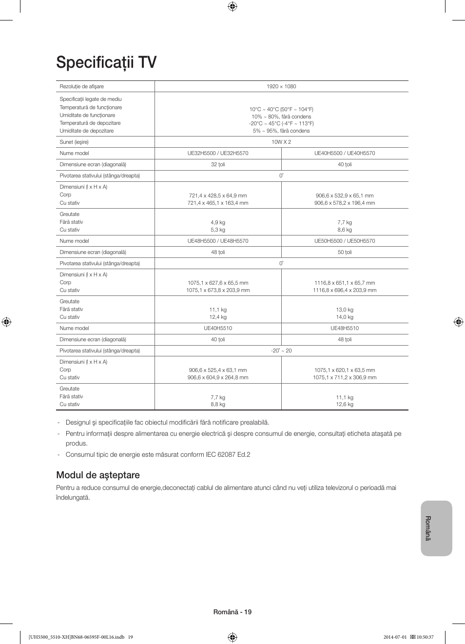 Specificaţii tv, Modul de aşteptare | Samsung UE40H5500AW User Manual | Page 179 / 321