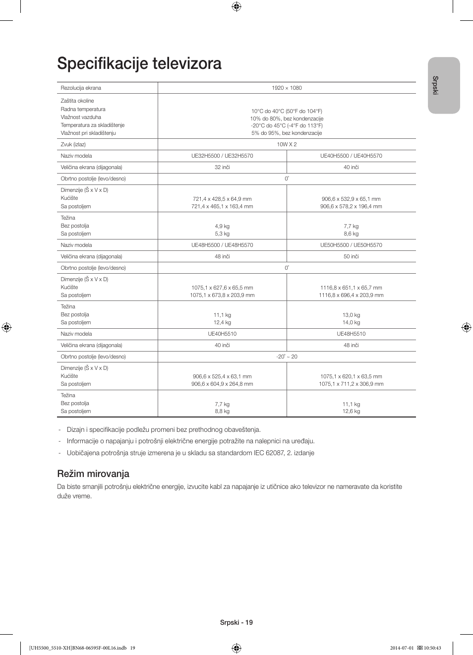 Specifikacije televizora, Režim mirovanja | Samsung UE40H5500AW User Manual | Page 199 / 321