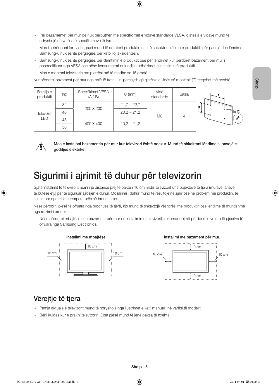 Sigurimi i ajrimit të duhur për televizorin, Vërejtje të tjera | Samsung UE40H5500AW User Manual | Page 205 / 321