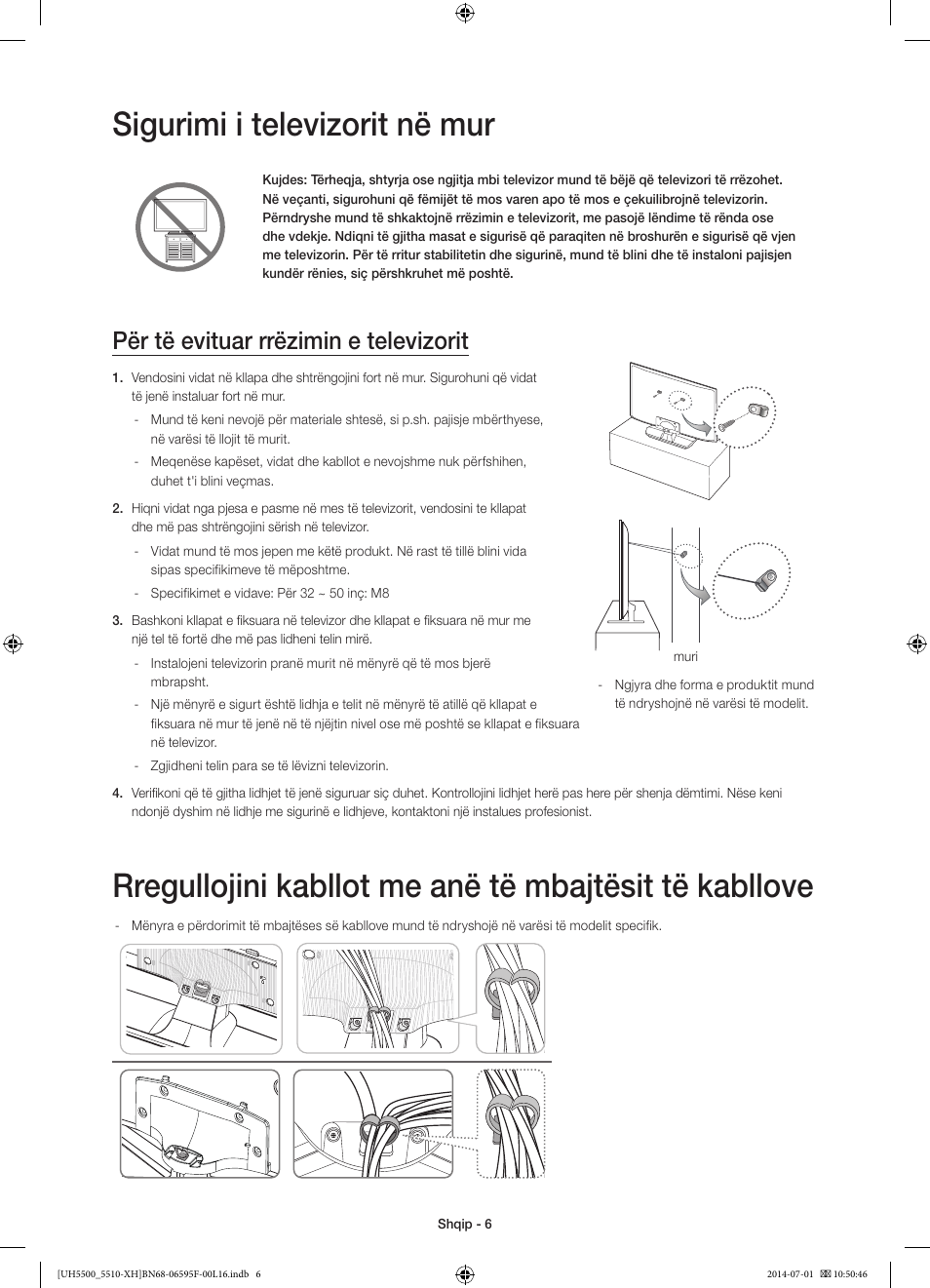 Sigurimi i televizorit në mur, Për të evituar rrëzimin e televizorit | Samsung UE40H5500AW User Manual | Page 206 / 321