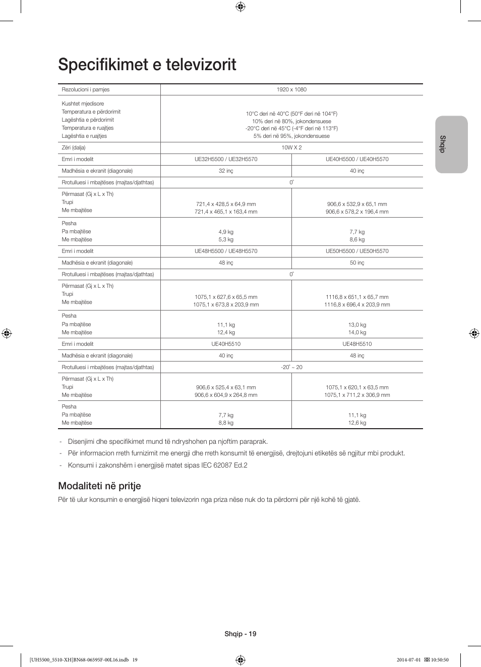 Specifikimet e televizorit, Modaliteti në pritje | Samsung UE40H5500AW User Manual | Page 219 / 321