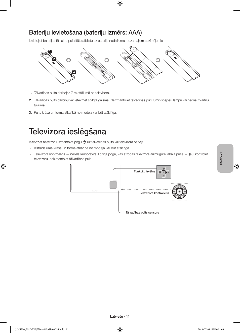 Televizora ieslēgšana, Bateriju ievietošana (bateriju izmērs: aaa) | Samsung UE40H5500AW User Manual | Page 271 / 321