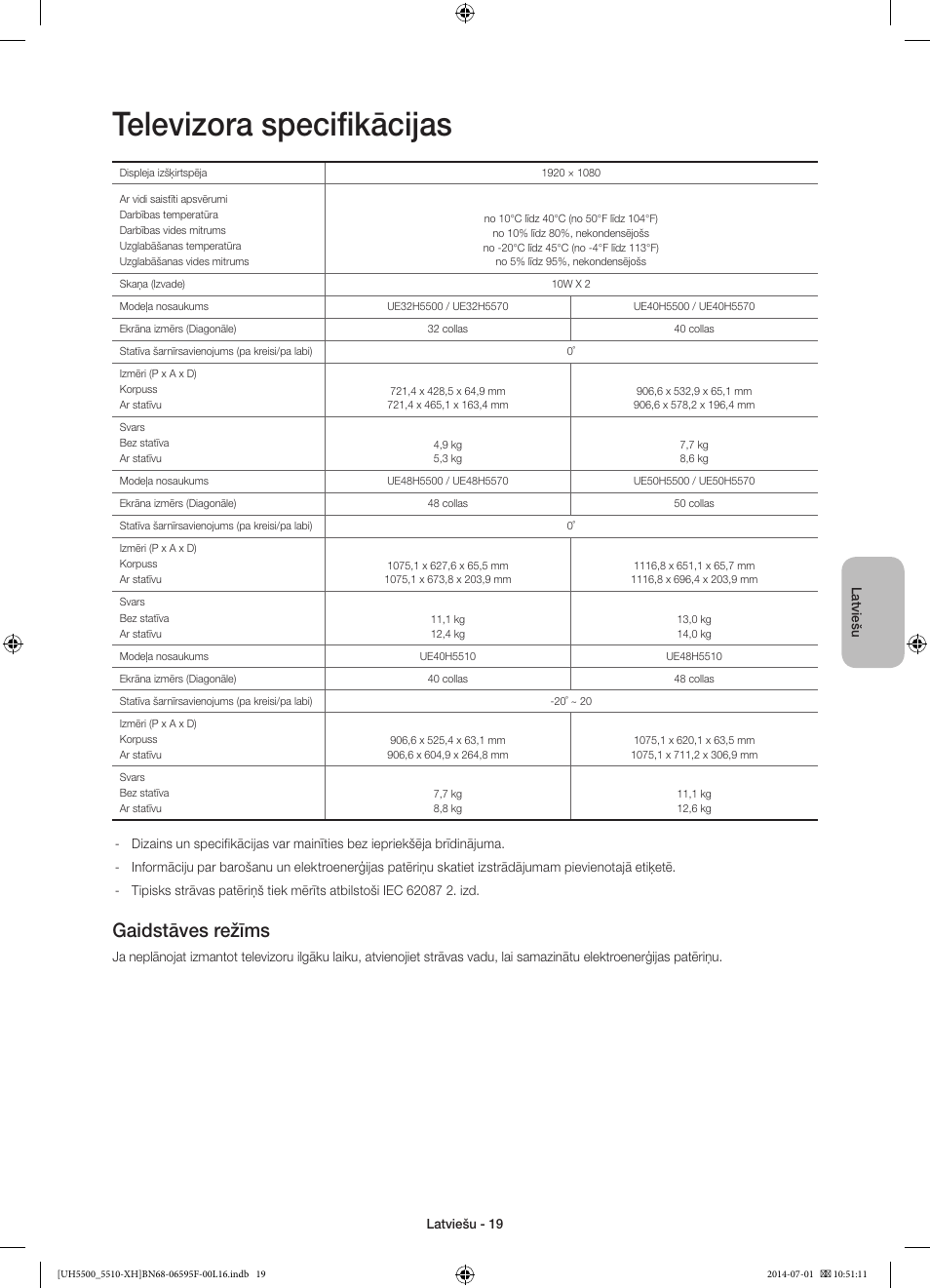 Televizora specifikācijas, Gaidstāves režīms | Samsung UE40H5500AW User Manual | Page 279 / 321