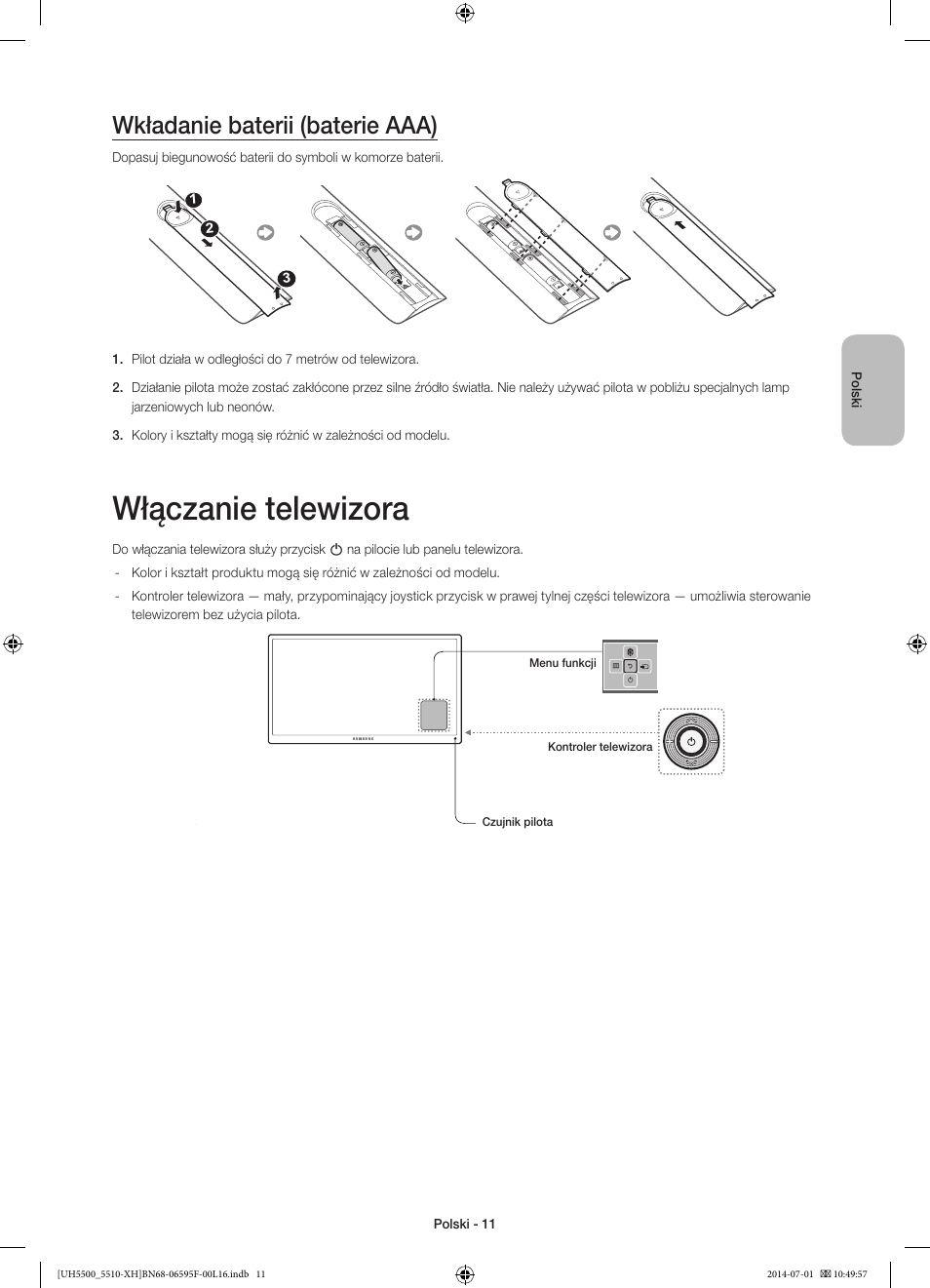 Włączanie telewizora, Wkładanie baterii (baterie aaa) | Samsung UE40H5500AW User Manual | Page 51 / 321